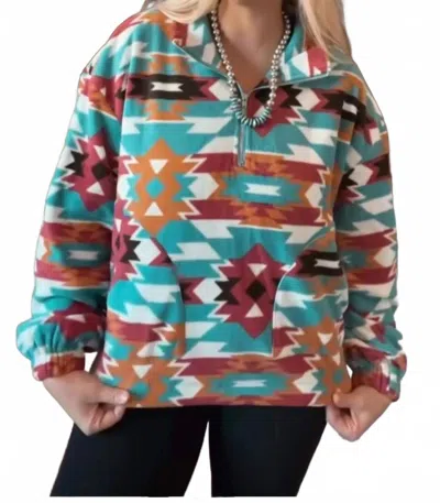 Blue B Santa Fe Aztec Sherpa Fleece Zip-up Western Pullover Sweatshirt In Teal Multi
