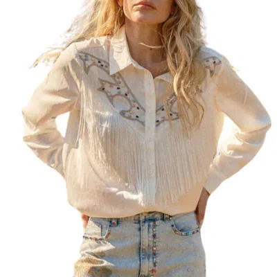 Blue B Satin Yoke Fringe Embroidered Shirt In Off White In Neutral