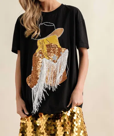 Blue B Sequin Cow Girl Graphic Tee In Black Gold