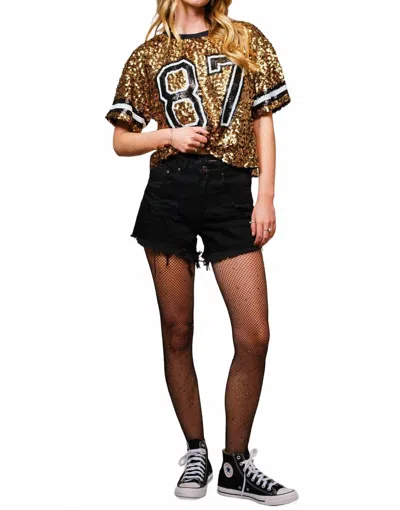Blue B Sequin Game Day Crop Varsity Top In Gold