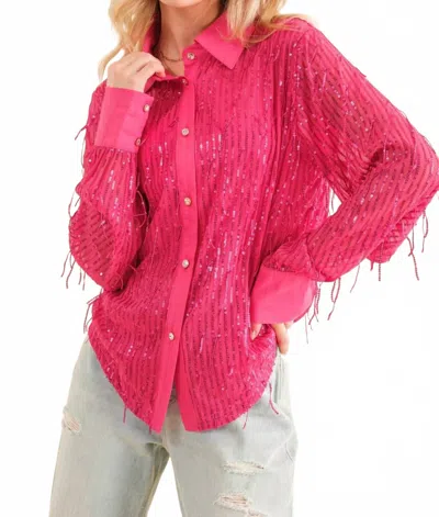 Blue B Sequin Stripe Fringe Button Up Shirt Blouse In Fuchsia In Pink