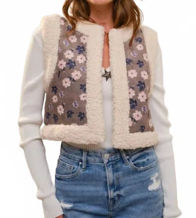 Blue B Sherpa Lining Flower Print Faux Suede Vest In Beige Multi In White