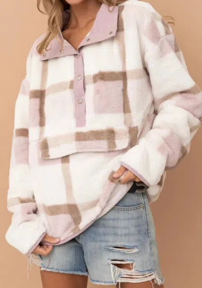 Blue B Soft Fur Plaid Button Up Pocket Front Pullover In Beige In Multi