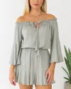 Blue B Stripe Off-shoulder Romper In Sage In Gray