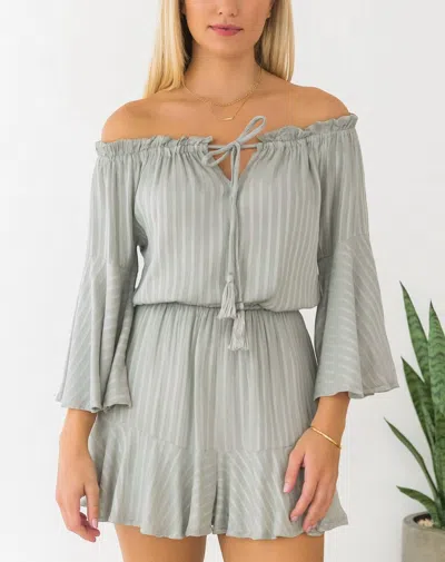 Blue B Stripe Off-shoulder Romper In Sage In Animal Print
