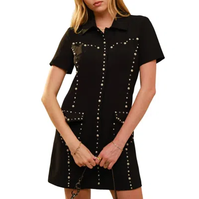 Blue B Studded Collared Short Sleeve Mini Dress In Black