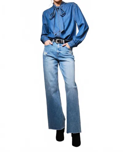 Blue B Tie Neck Hidden Button Chambray Blouse In Blue