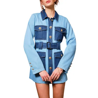 Blue B Two Tone Belted Denim Twill Dress In Light Wash In Blue