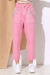 Blue B Washed Twill Denim Rhinestone Pocket Fringe Pants In Pink In Pink