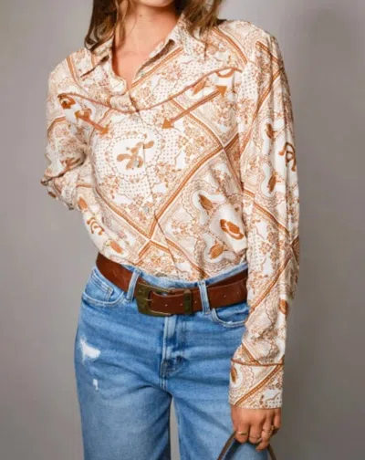 Blue B Western Design Button Up Top In Tan In Brown