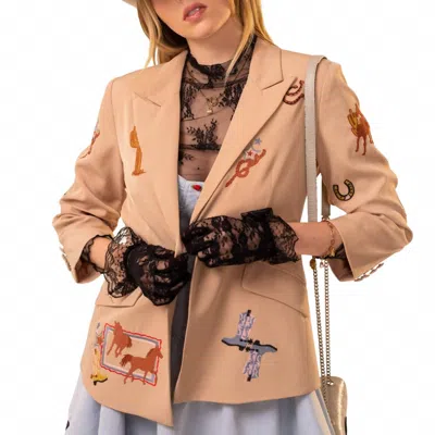 Blue B Western Embroidery All Over Ruched Sleeve Blazer In Taupe In Brown