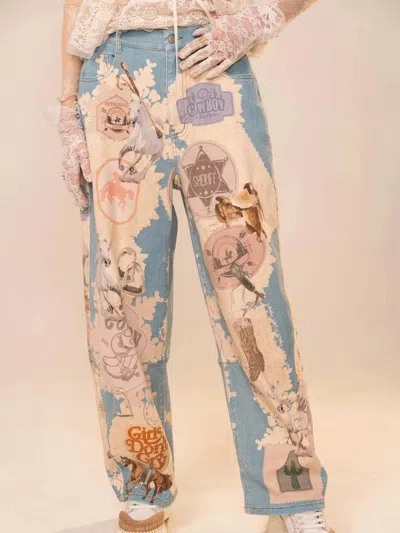 Blue B Western Motif Patch Loose Jeans In Multicolor