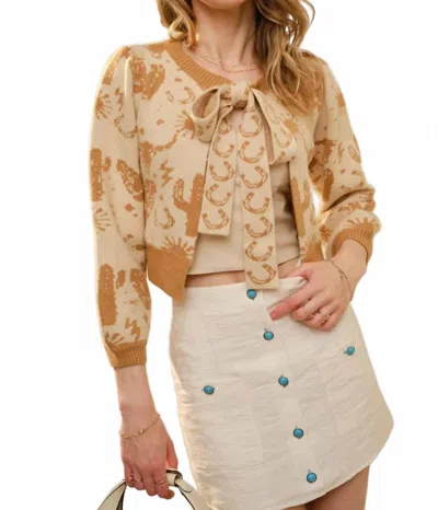 Blue B Western Motif Tie Front Cardigan In Beige In Brown