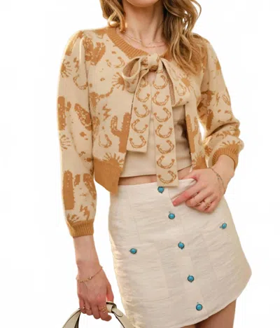 Blue B Western Motif Tie Front Cardigan In Taupe In Brown