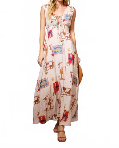 Blue B Western Motif Tie Front Maxi Dress In Tan Multi In Pink