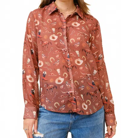 Blue B Western Print Chiffon Button Up Blouse In Russet Brown