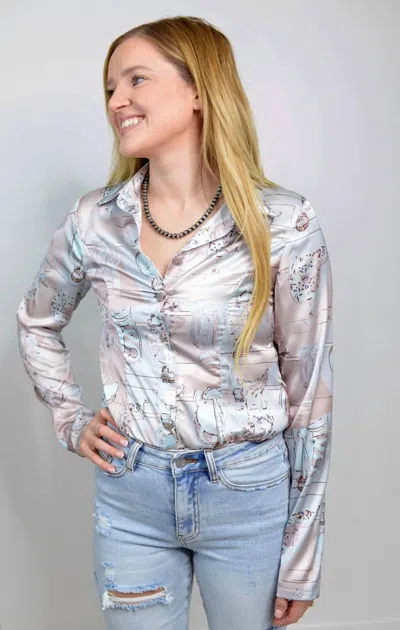 Blue B Western Print Satin Bodysuit In Multicolor