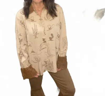 Blue B Western Printed Ruffle Cuff Shirt In Taupe In Neutral