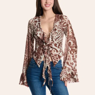 Blue B Women's Animal Print Lace Up Bell Sleeve Top In Multi