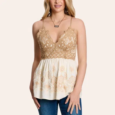 Blue B Women's Beige Lace & Crochet Embroidered Top In Brown