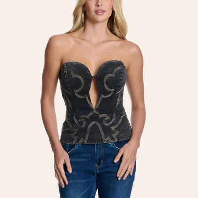Blue B Women's Black Acid Wash Western Stitched Cutout Sweetheart Bustier Top In Multi