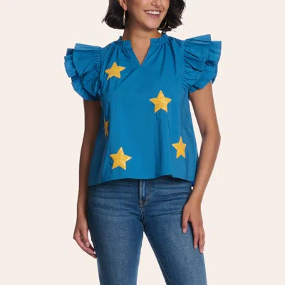 Blue B Women's Blue & Gold Sparkly Star Ruffle Sleeve Top