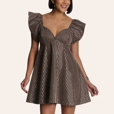 Blue B Women's Brown & Silver Stripe Ruffle Shoulder Cutout Back Dress