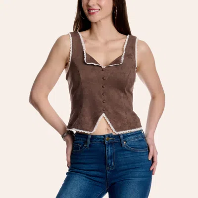 Blue B Women's Brown Faux Suede Lace Trim Tank Top