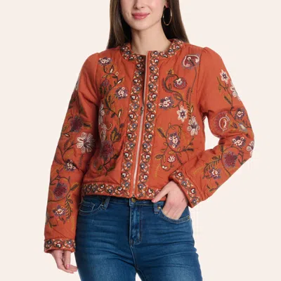 Blue B Women's Burnt Orange Floral Embroidered Cropped Jacket
