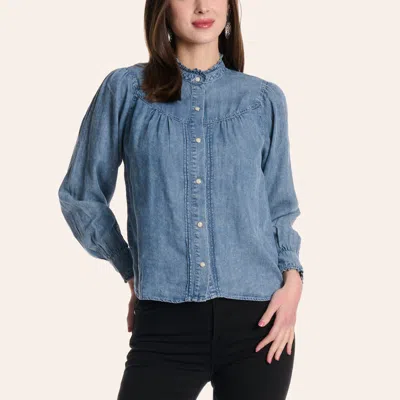 Blue B Women's Chambray Ruffle Neck Long Sleeve Pearl Snap Shirt In Blue