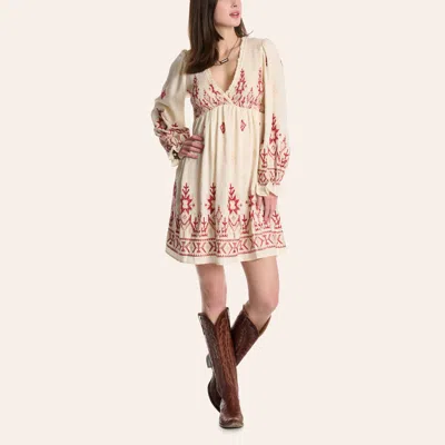 Blue B Women's Cream & Red Aztec Embroidered Smocked Long Sleeve Mini Dress In Multi