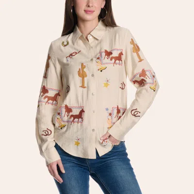 Blue B Women's Cream Embroidered Western Icons Top In White