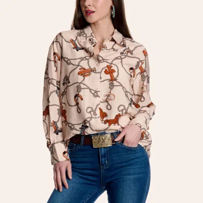 Blue B Women's Cream Icon Print Long Sleeve Pearl Snap Shirt In Brown