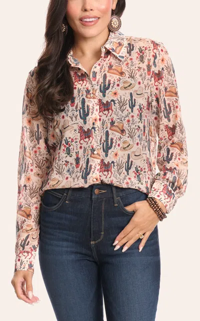 Blue B Women's Creamy Latte & Western Print Sheer Top In Multi