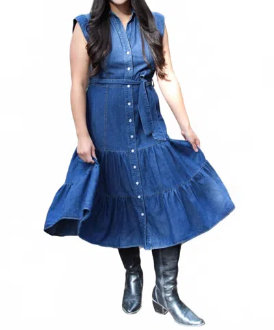 Blue B Women's Dakota Belted Button Up Tiered Denim Midi Dress In Medium Denim In Blue