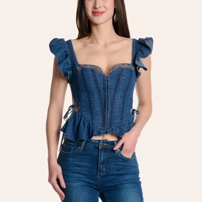 Blue B Women's Dark Wash Floral Embroidered Denim Corset Top In Blue