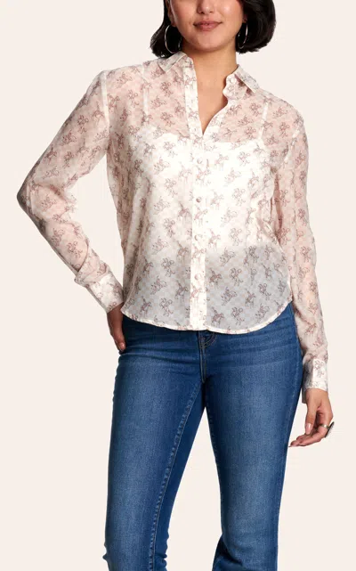 Blue B Women's Ivory & Peach Cowboy Horse Print Sheer Button Up Shirt In White