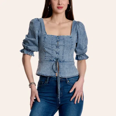 Blue B Women's Light Wash Denim Lace Up Corset Top In Blue