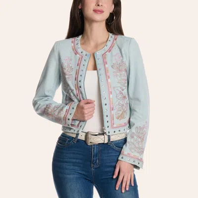 Blue B Women's Light Wash Floral Embroidery Silver Stud Denim Jacket In Blue