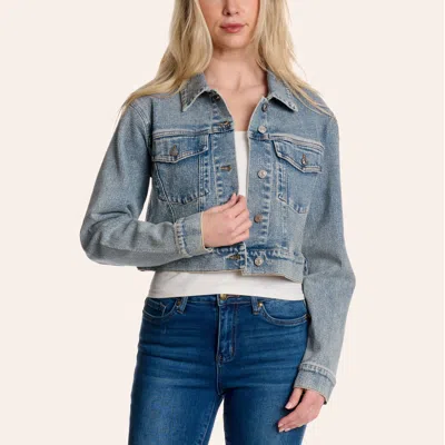 Blue B Women's Medium Wash Denim Rhinestone Embellished Cropped Jacket In Blue