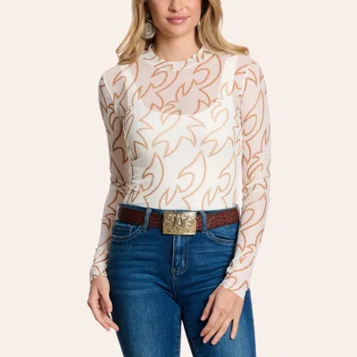 Blue B Women's Off White Boot Stitch Print Long Sleeve Mesh Top In Multi