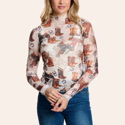 Blue B Women's Off White Western Print Mock Neck Long Sleeve Mesh Top In Multi