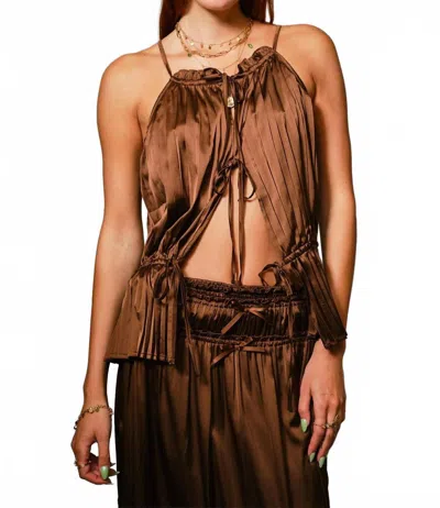 Blue B Women's Pleated Satin Tie Front Top In Espresso In Brown