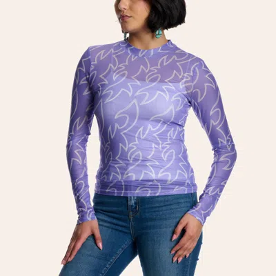 Blue B Women's Purple Boot Stitch Print Long Sleeve Mesh Top