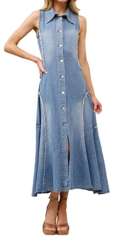 Blue B Women's Raw Edge Denim Shirt Maxi Dress In Medium Wash In Multi
