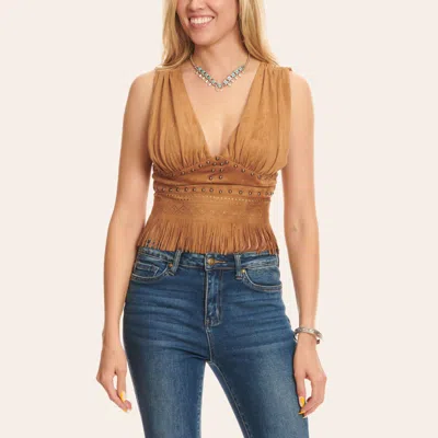 Blue B Women's Rich Caramel Double Deep V-neck Sleeveless Fringed & Studded Faux Suede Top In Multi