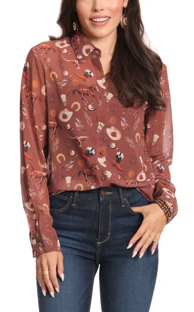 Blue B Women's Russet Western Print Sheer Top In Brown