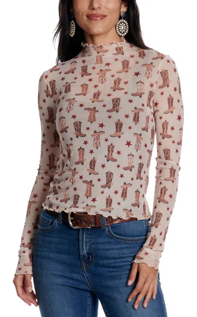 Blue B Women's Soft Nude Boot Print Mesh Top In Multi