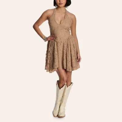 Blue B Women's Tan Guipure Lace Halter-neck Mini Dress In Brown
