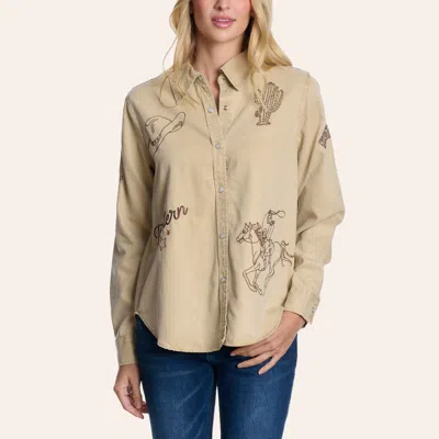 Blue B Women's Washed Taupe Western Embroidered Long Sleeve Pearl Snap Shirt In Brown